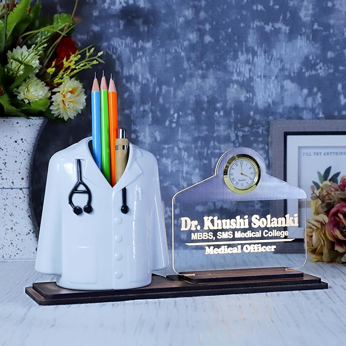 Personalized Doctor Coat Pen Stand with LED Name Plate & Clock | Wooden Desk Organizer for Doctors