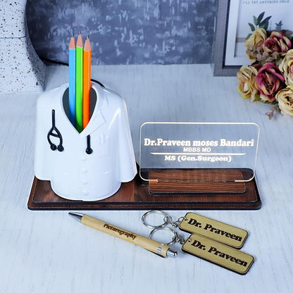 Doctor Coat Pen Stand with LED Name Plate, Wooden Base, Bamboo Pen & Personalized Wooden Keyring | Customized Desk Organizer for Doctors & Medical Aspirants | Apron Shape Pencil Holder