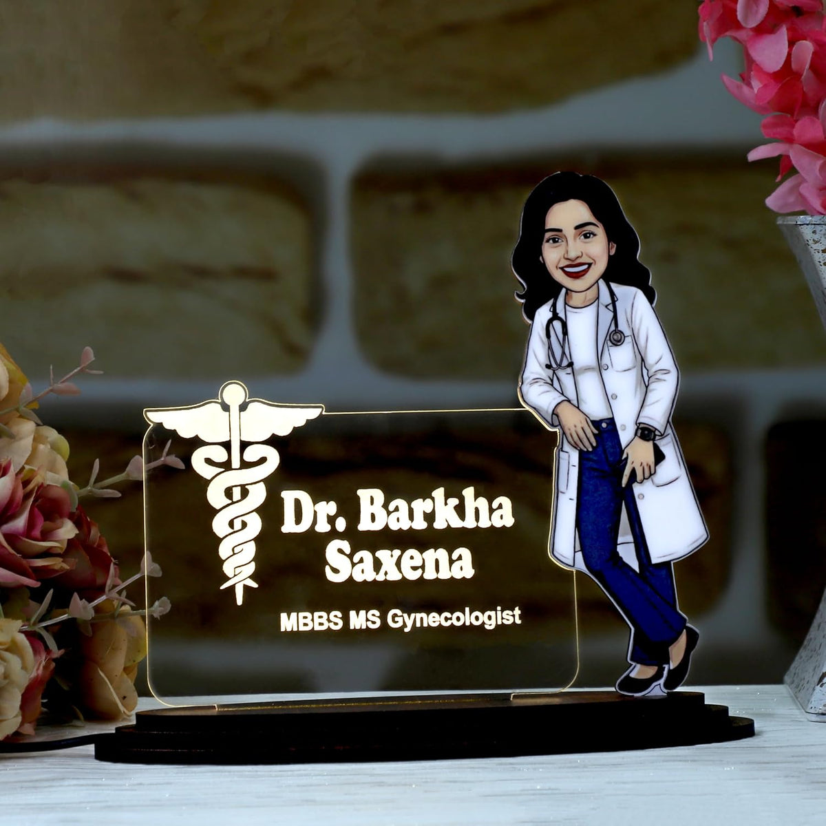 Personalized Lady Doctor Caricature LED Name Plate – Custom Photo & Name Desk Gift for Women Doctors