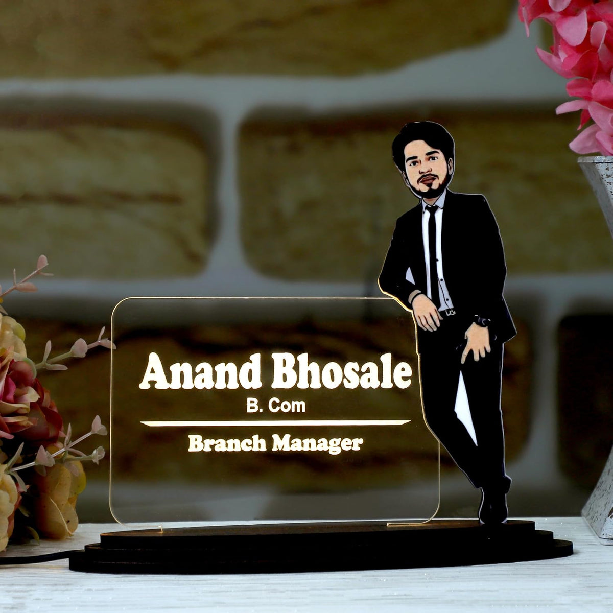 Personalized Professional Caricature LED Name Plate – Custom Photo Desk Nameplate for Office & Corporate Gifting