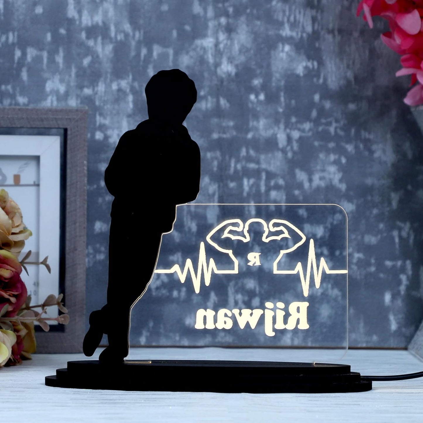 Personalized LED Caricature Name Plate for Men in Black Open Jacket | Custom Photo Bodybuilder Desk Decor Gift for Husband, Boyfriend & Brother
