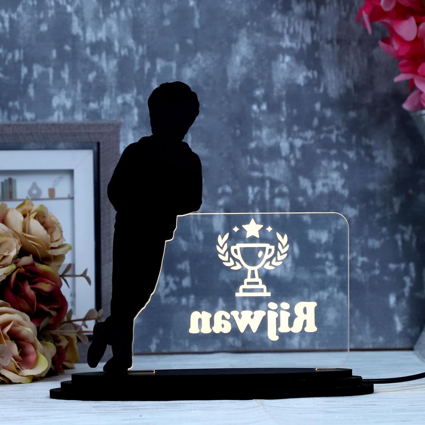 Personalized LED Caricature Name Plate for Men in Red Jacket | Custom Photo Bodybuilder Desk Decor Gift for Husband, Boyfriend & Brother
