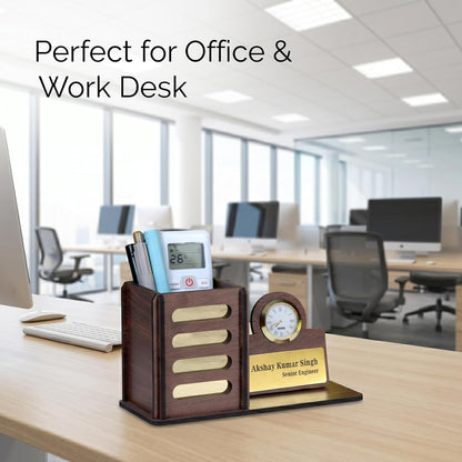 Personalized Wooden Desk Organizer with Clock & Name Plate | Executive Office Desk Pen Stand & Custom Gift