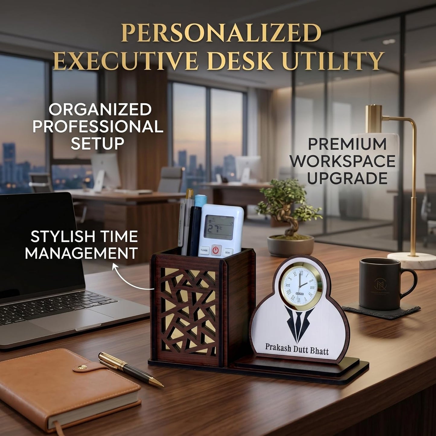 Personalized Wooden Desk Organizer with Clock & Suit Name Plate | Corporate Gift for Professionals | Executive Office Table Organizer | Customised Pen Stand Holder | Desk Decor - Suit Brown