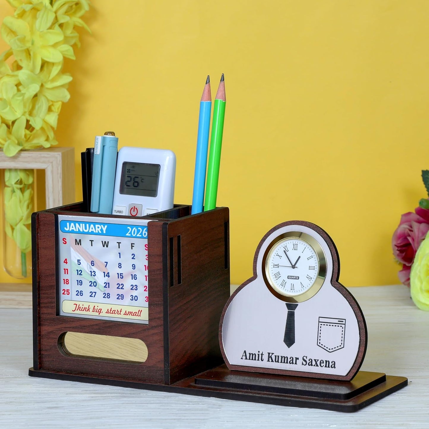 Giftationery Pen Stand for Table with Wooden Desk Organiser, Table Clock, Pen Holder Wooden & Latest Calendar | Personalized Office Desk Organizer | Shirt Brown