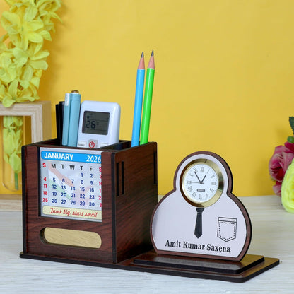Giftationery Pen Stand for Table with Wooden Desk Organiser, Table Clock, Pen Holder Wooden & Latest Calendar | Personalized Office Desk Organizer | Shirt Brown
