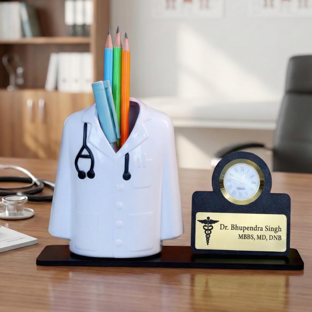 Giftationery Medical Theme Desk Organizer with clock - personalized gift to a doctor Pen Stand | Unique Apron/Coat Shape Pencil Holder | A gift to doctors female, male & Medical Aspirants