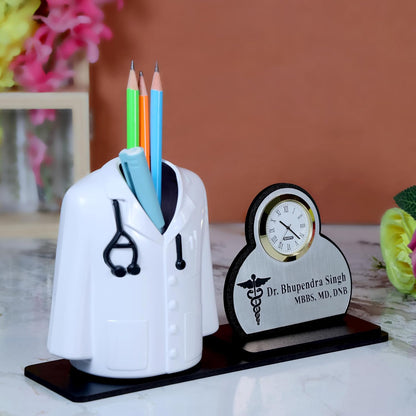Giftationery Premium Apron/Coat Shape Pencil Holder for Clinic and Office Desk with clock | personalized gift for doctor Pen Stand | The best gift for doctors female, male & Medical Aspirants