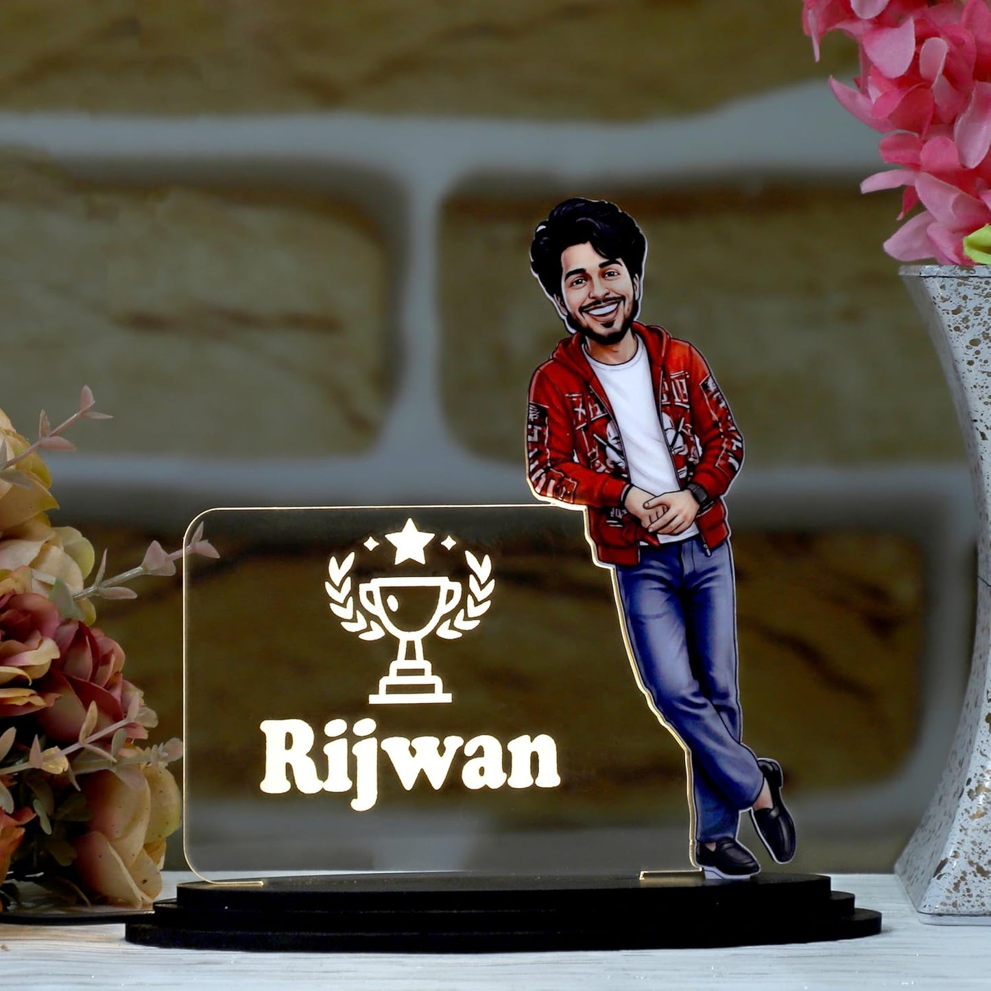 Personalized LED Caricature Name Plate for Men in Red Jacket | Custom Photo Bodybuilder Desk Decor Gift for Husband, Boyfriend & Brother