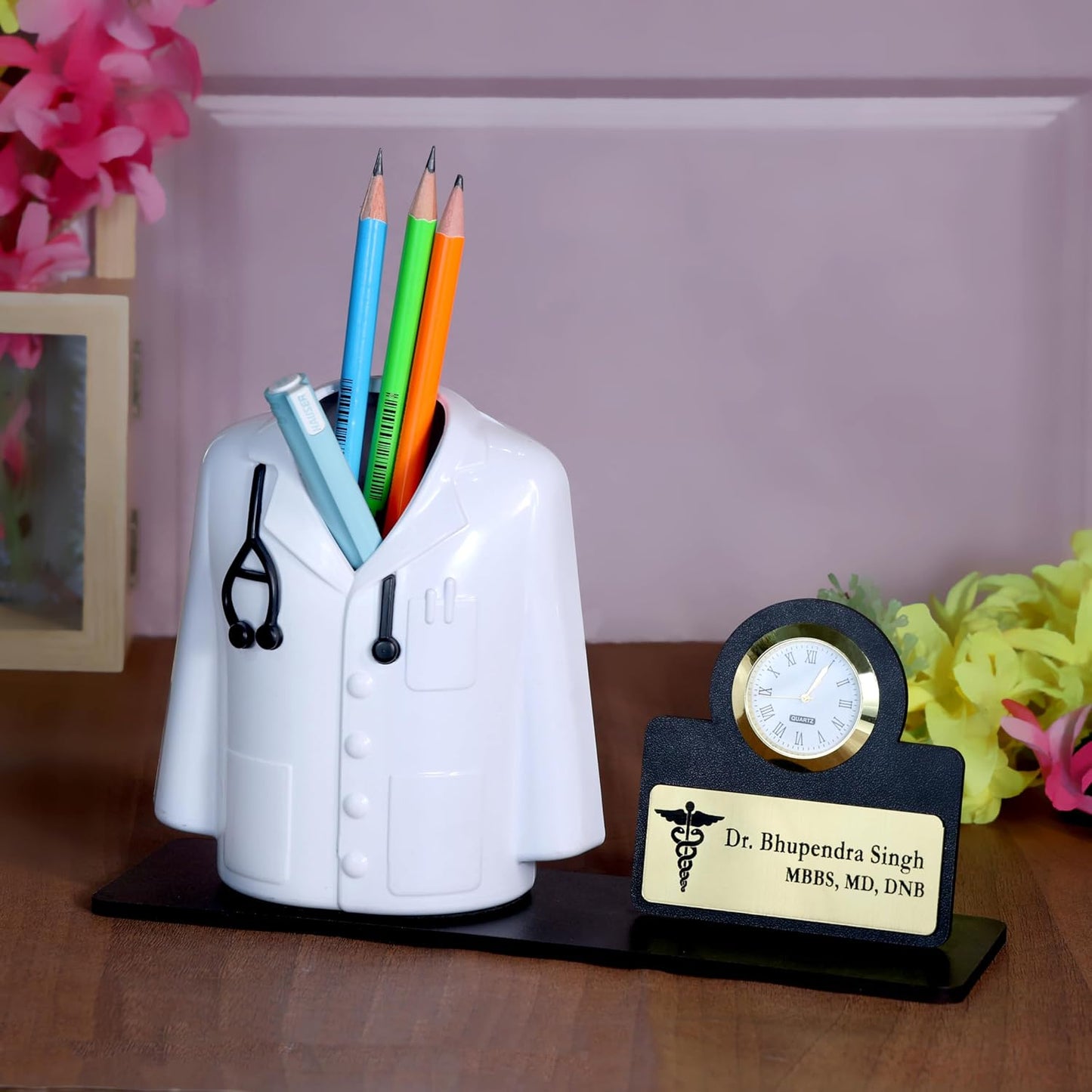 Giftationery Medical Theme Desk Organizer with clock - personalized gift to a doctor Pen Stand | Unique Apron/Coat Shape Pencil Holder | A gift to doctors female, male & Medical Aspirants