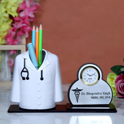 Giftationery Premium Apron/Coat Shape Pencil Holder for Clinic and Office Desk with clock | personalized gift for doctor Pen Stand | The best gift for doctors female, male & Medical Aspirants