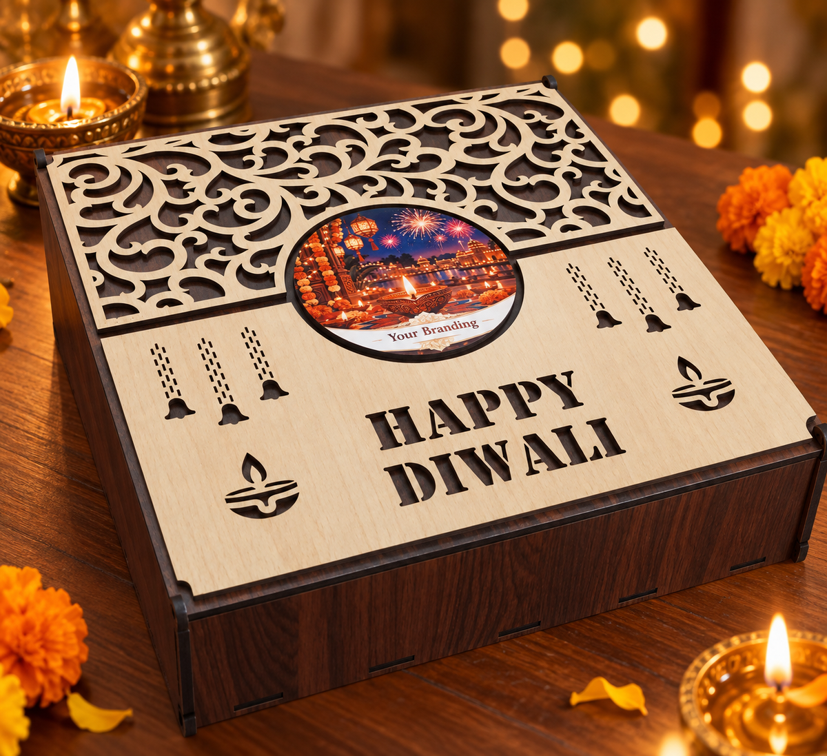 Corporate Diwali Gift Hamper Box, Wooden Box with Copper Bottle, Glasses, Coaster and Lotus Diya (Customisable with Logo)