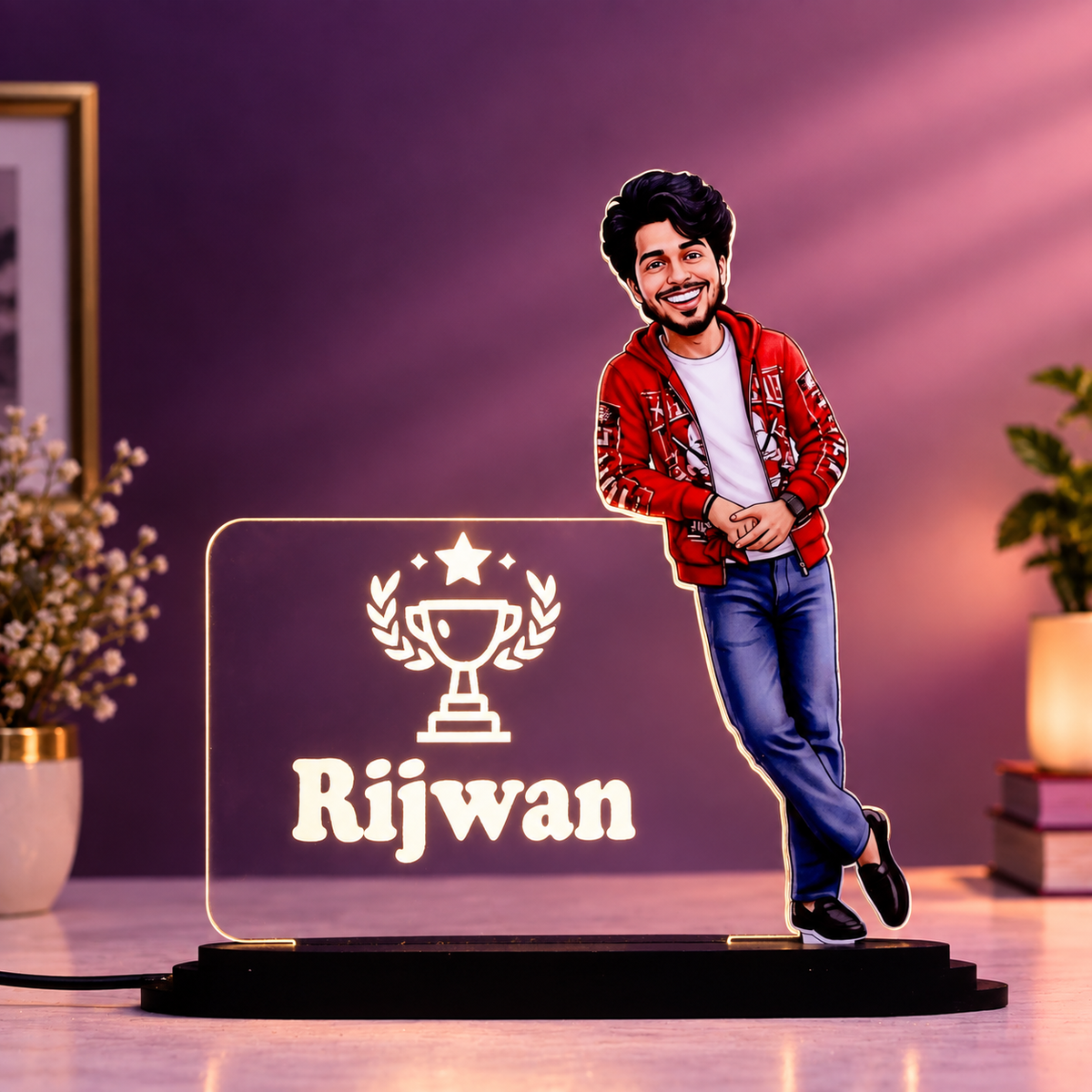 Personalized LED Caricature Name Plate for Men in Red Jacket | Custom Photo Bodybuilder Desk Decor Gift for Husband, Boyfriend & Brother