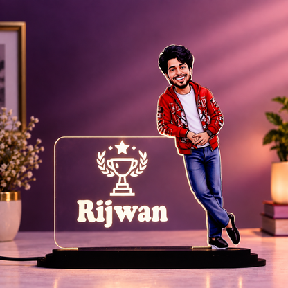 Personalized LED Caricature Name Plate for Men in Red Jacket | Custom Photo Bodybuilder Desk Decor Gift for Husband, Boyfriend & Brother