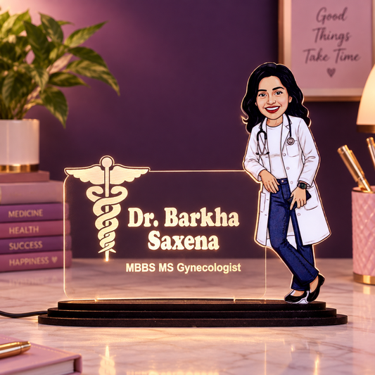 Personalized Lady Doctor Caricature LED Name Plate – Custom Photo & Name Desk Gift for Women Doctors