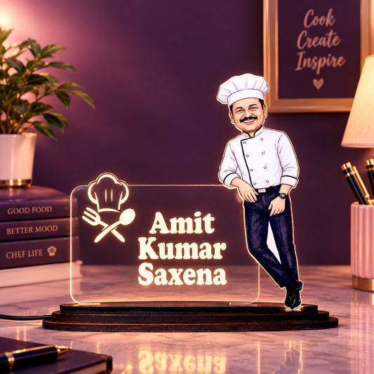 Personalized Chef Caricature LED Name Plate – Custom Photo Desk Gift for Chefs & Cooking Enthusiasts