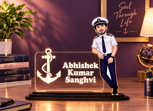 Personalized Sailor/Mariner Caricature LED Name Plate – Custom Photo Desk Gift for Navy & Merchant Navy Professionals