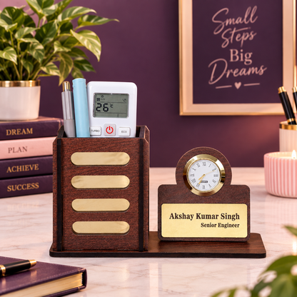 Personalized Wooden Desk Organizer with Clock & Name Plate | Executive Office Desk Pen Stand & Custom Gift