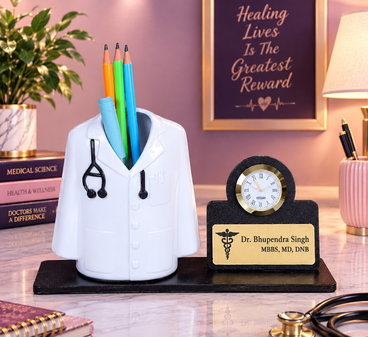 Giftationery Medical Theme Desk Organizer with clock - personalized gift to a doctor Pen Stand | Unique Apron/Coat Shape Pencil Holder | A gift to doctors female, male & Medical Aspirants