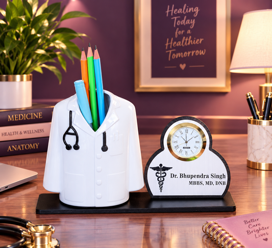Personalized Doctor Coat Style Pen Holder with Clock & Name Plate | Desk Organizer Gift for Doctors