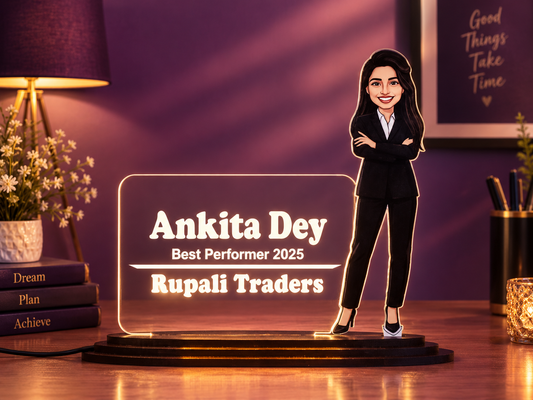 Personalized Professional Woman Caricature LED Name Plate – Custom Photo Award Desk Plate for Employee Recognition