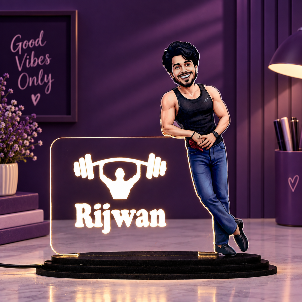 Personalized LED Caricature Name Plate for Men in Gym Sando Style | Custom Photo Bodybuilder Desk Decor Gift for Husband, Boyfriend & Brother