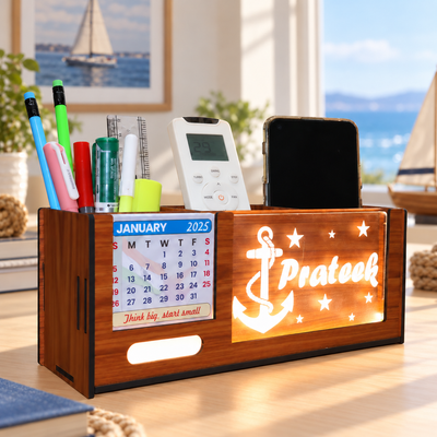 Personalized LED Name Plate Wooden Pen Stand with Calendar | Customized Desk Organizer Gift for Men & Women
