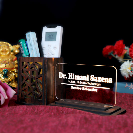 Desk Organizer with LED Name Lamp | Customized Gift for Men, Women, Teachers, Doctors, Dad, Husband | Pen Holder, Table Lamp | Personalized Birthday Gift | Office Organizer - Jali Box