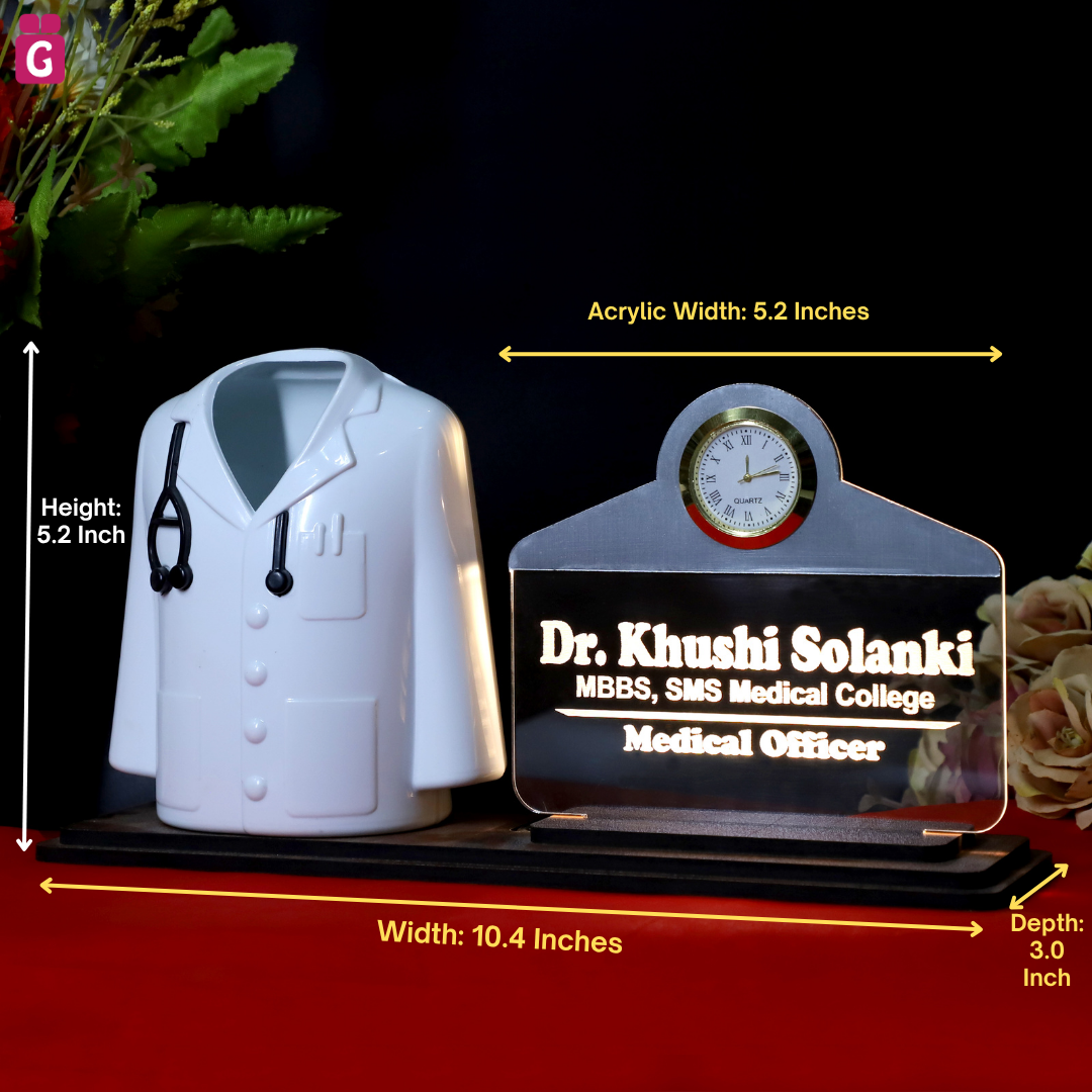 Doctor Coat Pen Stand with LED Name Plate, Clock & Wooden Base | Customized Desk Organizer for Doctors & Medical Aspirants | Apron Shape Pencil Holder with Stylish Name Engraved Plate