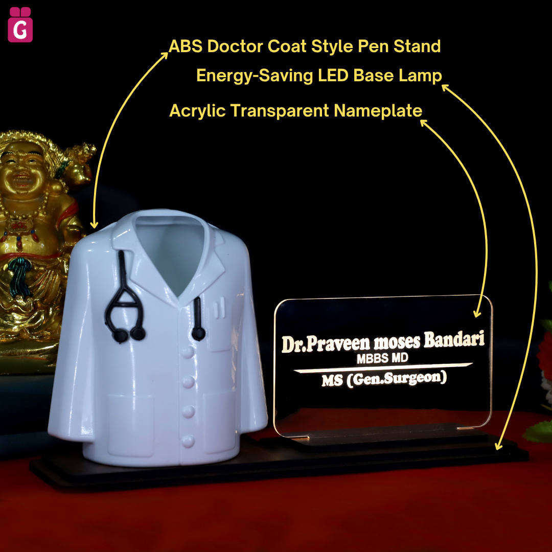 Doctor Coat Pen Stand with LED Name Plate, Wooden Base, Bamboo Pen & Personalized Wooden Keyring | Customized Desk Organizer for Doctors & Medical Aspirants | Apron Shape Pencil Holder