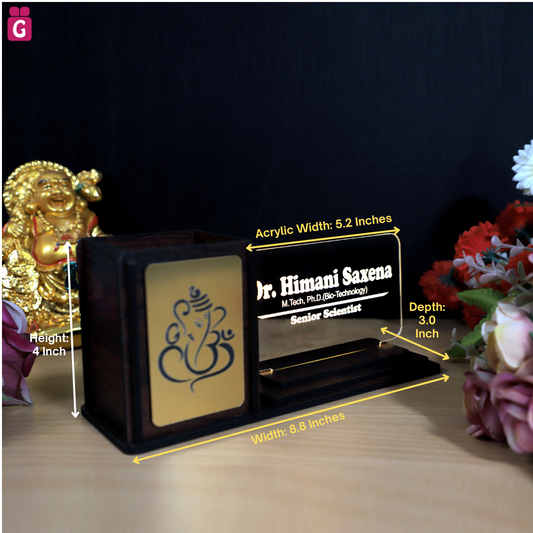 Desk Organizer with LED Name Lamp | Customized Gift for Men, Women, Teachers, Doctors, Dad, Husband | Pen Holder, Table Lamp | Personalized Birthday Gift | Office Organizer - Gold Emblem