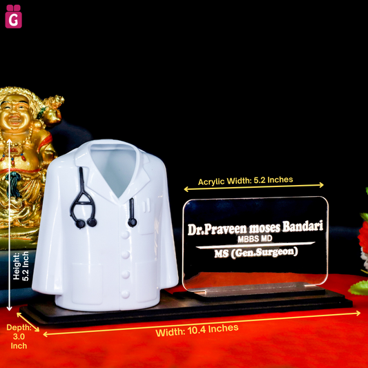 Doctor Coat Pen Stand with LED Name Plate & Wooden Base | Customized Desk Organizer for Doctors & Medical Aspirants | Apron Shape Pencil Holder with Personalized Name Engraved Plate