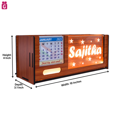 stylish wooden pen stand, pen holder, desk organiser for office/study table with calendar, personalised gift decor with LED name light, customised gifts for women, men, and girls.