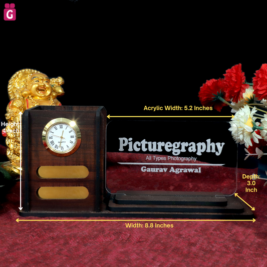 Desk Organizer with LED Name Lamp | Customized Gift for Men, Women, Teachers, Doctors, Dad, Husband | Pen Holder, Table Lamp | Personalized Birthday Gift | Office Organizer - With Watch