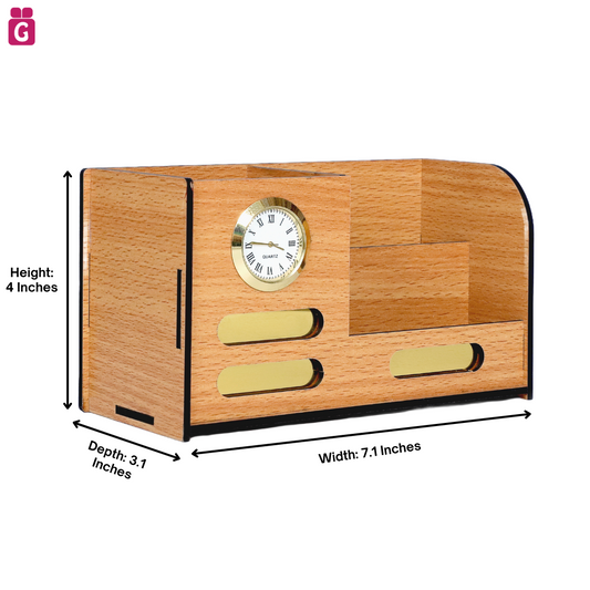 Wooden Desk Organiser with Clock, Mobile & Card Holder | Stylish Pen Holder for Office & Study Table | Decorative Table Accessory for Home or Work Use (BB-No Tag)
