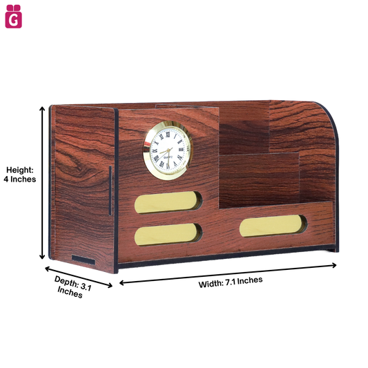 Wooden Desk Organiser with Clock, Mobile & Card Holder | Stylish Pen Holder for Office & Study Table | Decorative Table Accessory for Home or Work Use (RD-No Tag)