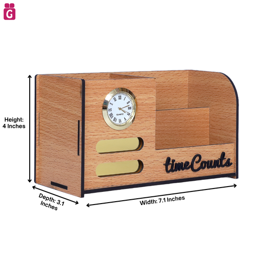 Wooden Desk Organiser with Clock, Mobile & Card Holder | Stylish Pen Holder for Office & Study Table | Decorative Table Accessory for Home or Work Use (BB-With Tag)