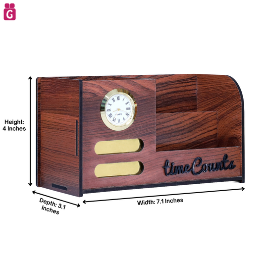 Wooden Desk Organiser with Clock, Mobile & Card Holder | Stylish Pen Holder for Office & Study Table | Decorative Table Accessory for Home or Work Use (RD-With Tag)