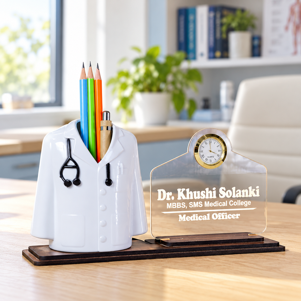 Personalized Doctor Coat Pen Stand with LED Name Plate & Clock | Wooden Desk Organizer for Doctors