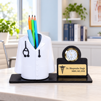 Giftationery Medical Theme Desk Organizer with clock - personalized gift to a doctor Pen Stand | Unique Apron/Coat Shape Pencil Holder | A gift to doctors female, male & Medical Aspirants