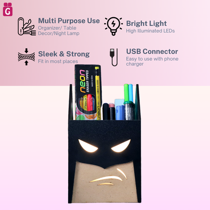 LED Glow Batman Pen Stand | Multipurpose Wooden Desk Organizer and Pencil Holder | Stationary, Remote & Brush Holder for Kids, Office & Study Table