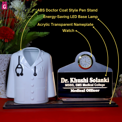 Doctor Coat Pen Stand with LED Name Plate, Clock & Wooden Base | Customized Desk Organizer for Doctors & Medical Aspirants | Apron Shape Pencil Holder with Stylish Name Engraved Plate