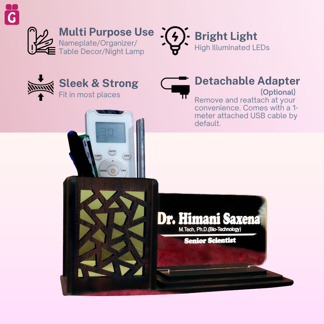 Desk Organizer with LED Name Lamp | Customized Gift for Men, Women, Teachers, Doctors, Dad, Husband | Pen Holder, Table Lamp | Personalized Birthday Gift | Office Organizer - Jali Box