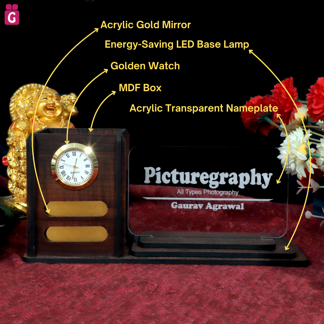 Desk Organizer with LED Name Lamp | Customized Gift for Men, Women, Teachers, Doctors, Dad, Husband | Pen Holder, Table Lamp | Personalized Birthday Gift | Office Organizer - With Watch