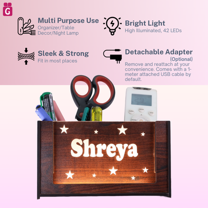 Desk Organizer with LED Name Lamp | Customized Gift for Men, Women, Teachers, Doctors, Dad, Husband | Pen Holder, Table Lamp | Personalized Birthday Gift | Office Organizer - Two Box