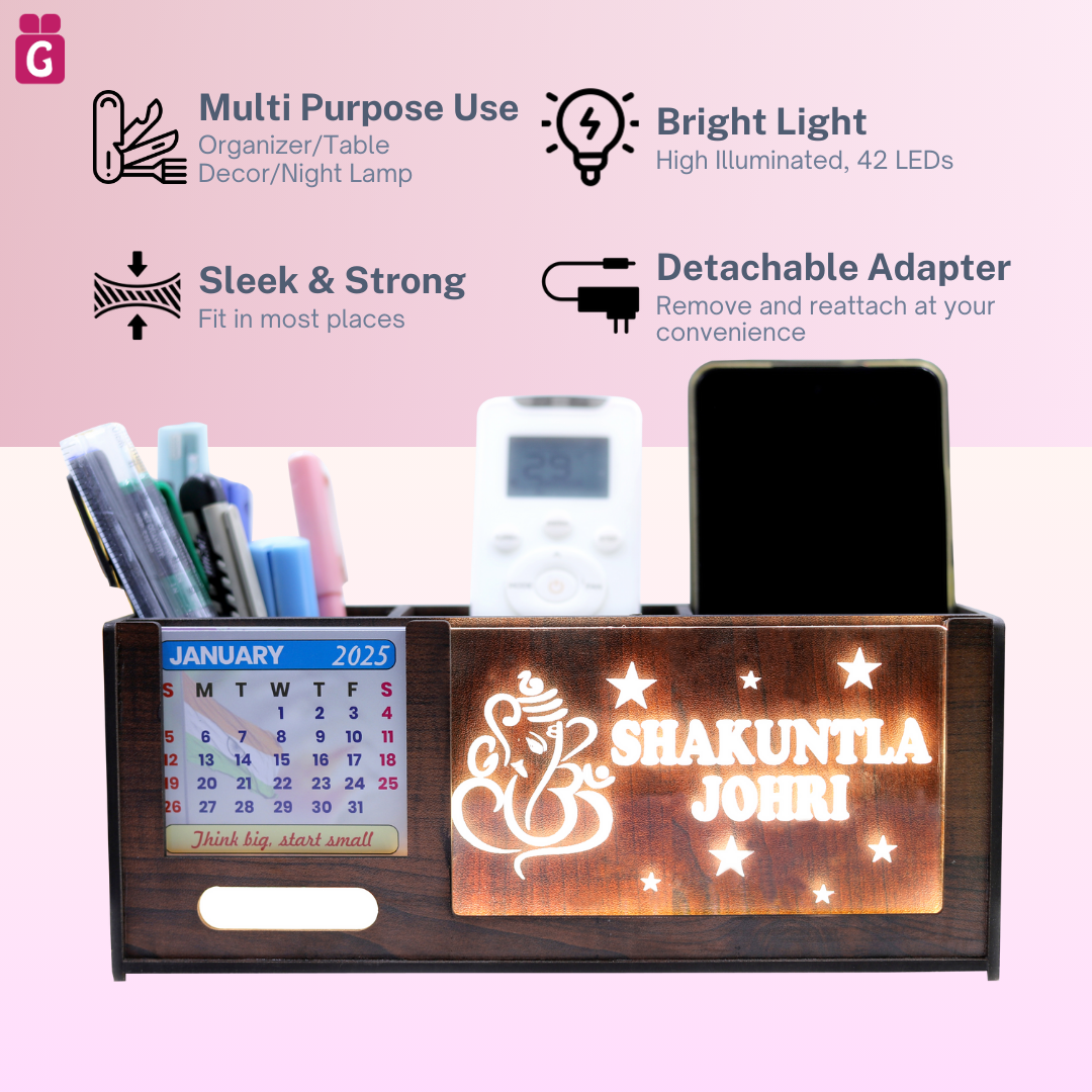 Desk Organizer with LED Name Lamp | Customized Gift for Men, Women, Teachers, Doctors, Dad, Husband | Pen Holder, Table Lamp | Personalized Birthday Gift | Office Organizer - Three Box