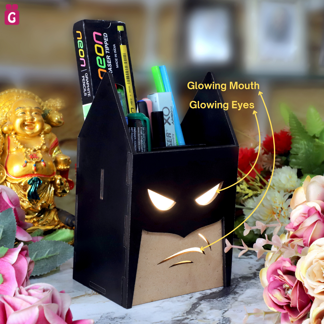 LED Glow Batman Pen Stand | Multipurpose Wooden Desk Organizer and Pencil Holder | Stationary, Remote & Brush Holder for Kids, Office & Study Table