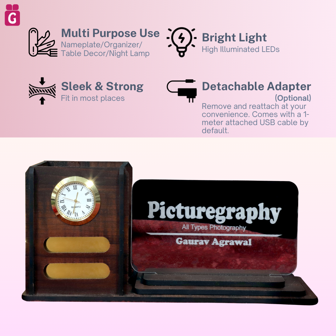 Desk Organizer with LED Name Lamp | Customized Gift for Men, Women, Teachers, Doctors, Dad, Husband | Pen Holder, Table Lamp | Personalized Birthday Gift | Office Organizer - With Watch