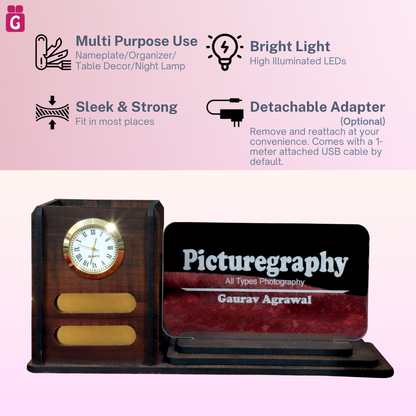 Desk Organizer with LED Name Lamp | Customized Gift for Men, Women, Teachers, Doctors, Dad, Husband | Pen Holder, Table Lamp | Personalized Birthday Gift | Office Organizer - With Watch