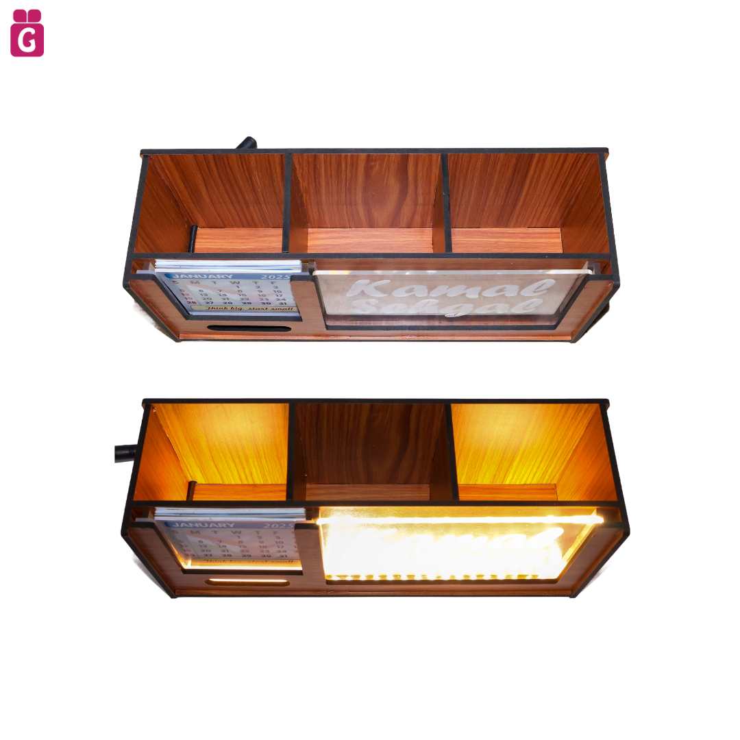 stylish wooden pen stand, pen holder, desk organiser for office/study table with calendar, personalised gift decor with LED name light, customised gifts for women, men, and girls.